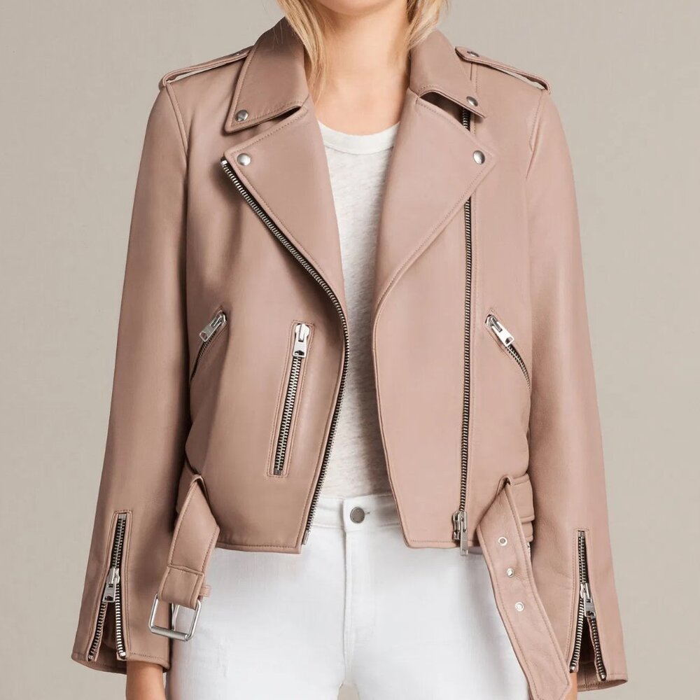 ALLSAINTS Balfern Women's Leather Biker Jacket in Blush SIZE 2